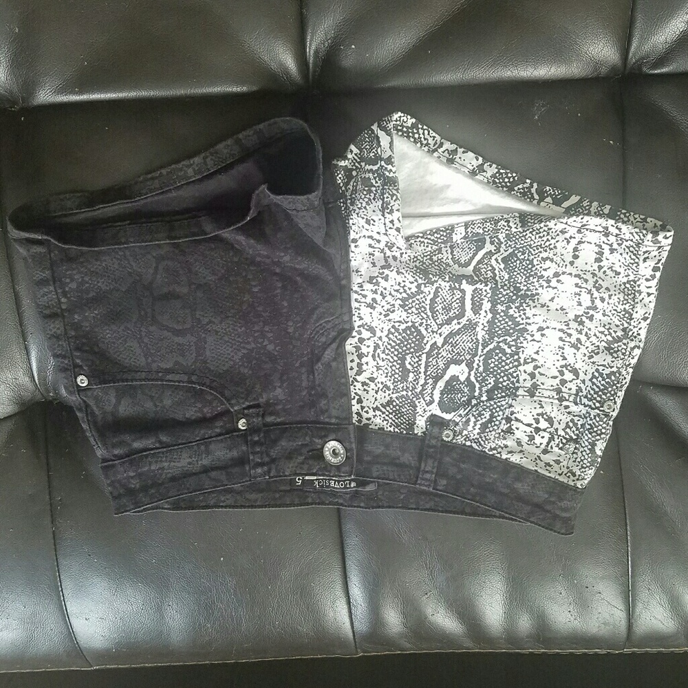 Black and white snake skin shorts.